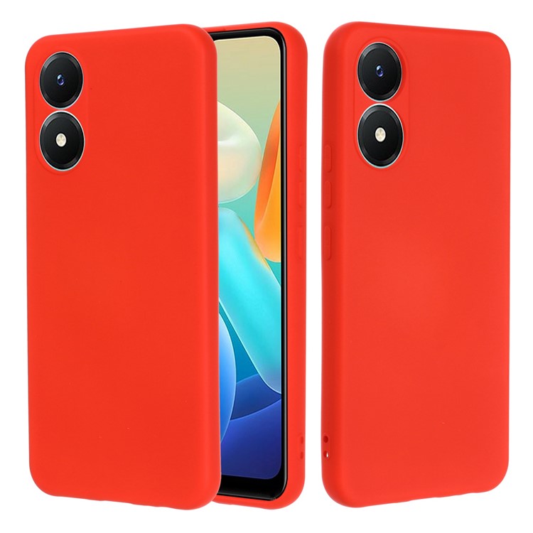 For vivo Y02s 4G Smooth Touch Liquid Silicone Phone Case Soft Fiber Lining Anti-Scratch Drop Protection Cover with Strap - Red