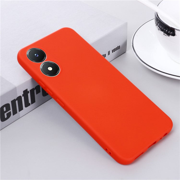 For vivo Y02s 4G Smooth Touch Liquid Silicone Phone Case Soft Fiber Lining Anti-Scratch Drop Protection Cover with Strap - Red