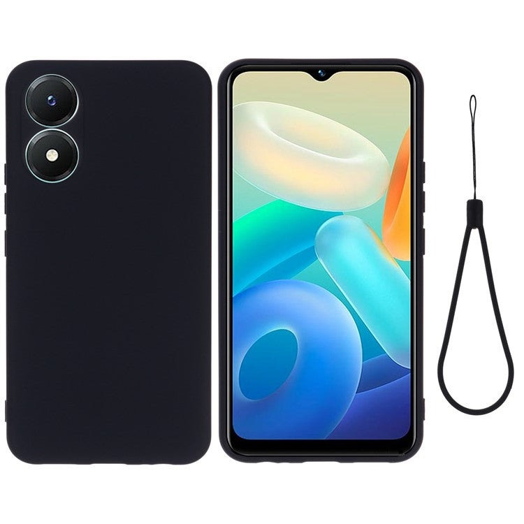 For vivo Y02s 4G Smooth Touch Liquid Silicone Phone Case Soft Fiber Lining Anti-Scratch Drop Protection Cover with Strap - Black