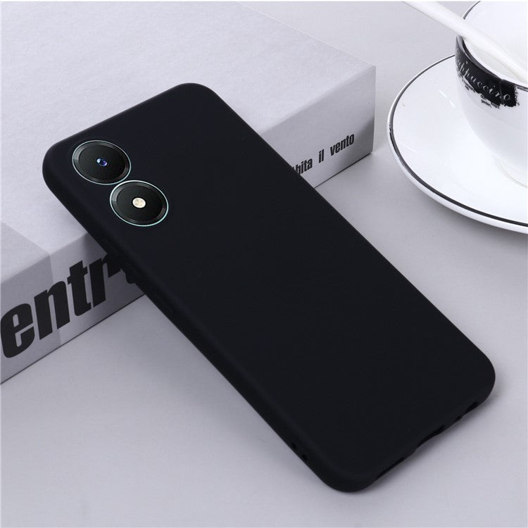 For vivo Y02s 4G Smooth Touch Liquid Silicone Phone Case Soft Fiber Lining Anti-Scratch Drop Protection Cover with Strap - Black