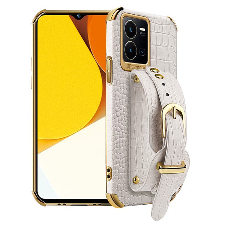 For vivo Y35 Electroplating Crocodile Texture PU Leather Coated TPU Case Hand Strap Kickstand Design Protective Cover - White