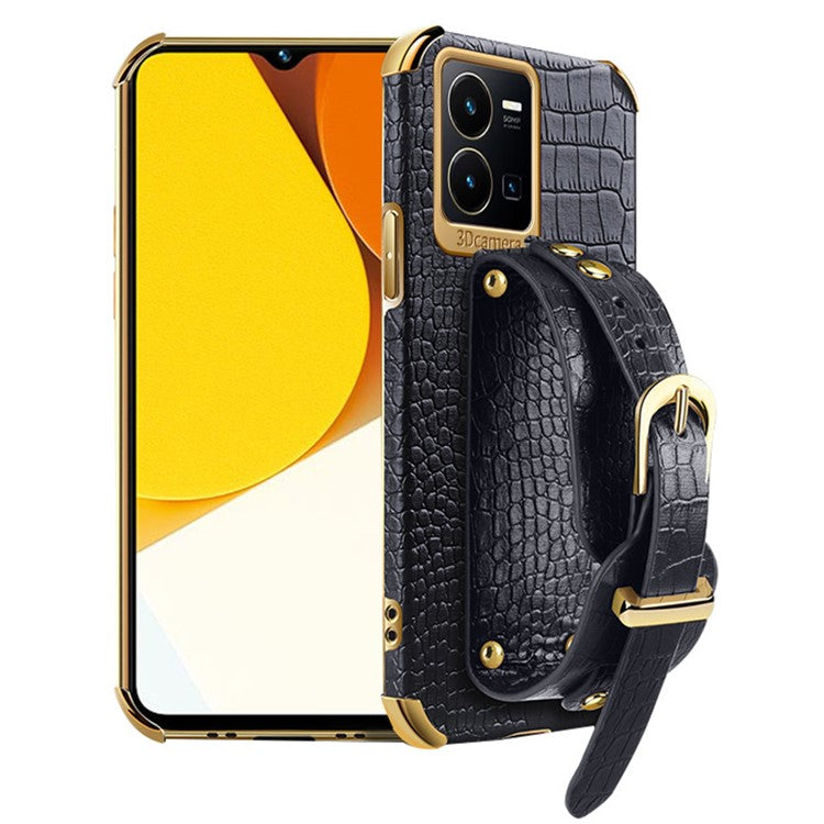 For vivo Y35 Electroplating Crocodile Texture PU Leather Coated TPU Case Hand Strap Kickstand Design Protective Cover - Black