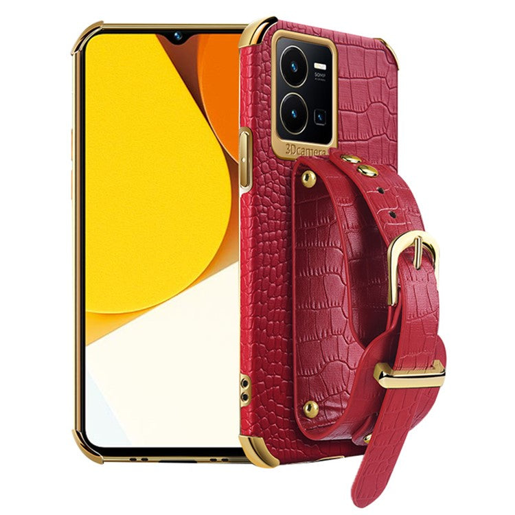 For vivo Y35 Electroplating Crocodile Texture PU Leather Coated TPU Case Hand Strap Kickstand Design Protective Cover - Red