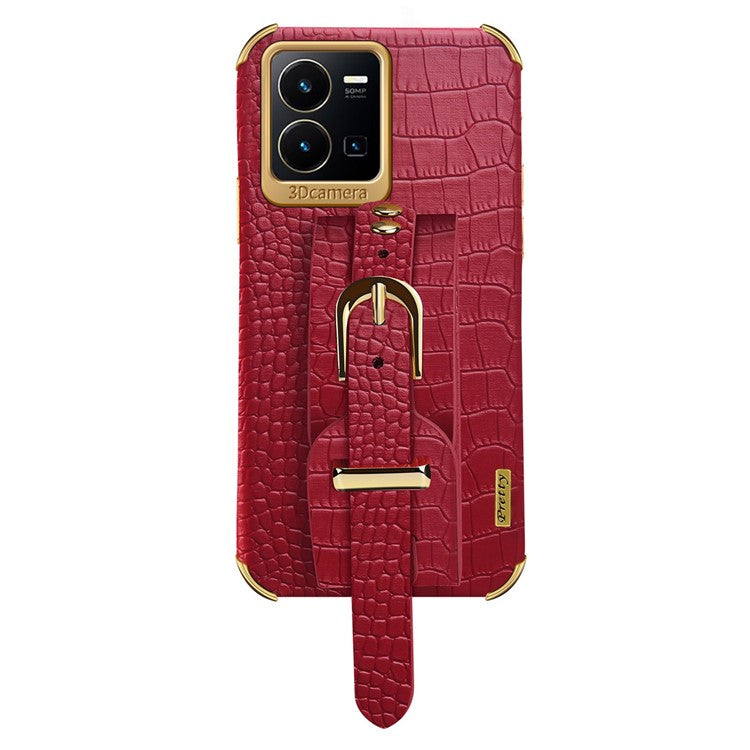 For vivo Y35 Electroplating Crocodile Texture PU Leather Coated TPU Case Hand Strap Kickstand Design Protective Cover - Red