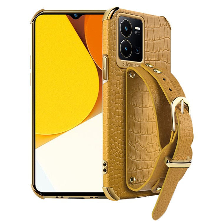 For vivo Y35 Electroplating Crocodile Texture PU Leather Coated TPU Case Hand Strap Kickstand Design Protective Cover - Yellow