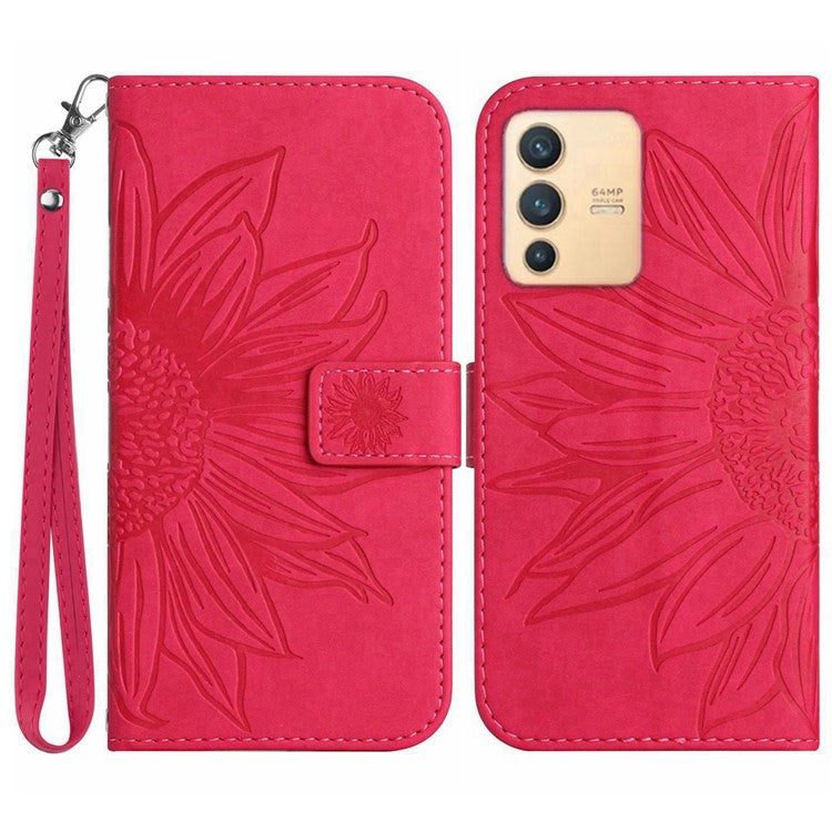 Imprinted Sunflower PU Leather Case for vivo V23 5G, Skin-touch Wallet Stand Folio Flip Anti-drop Phone Cover with Strap - Rose