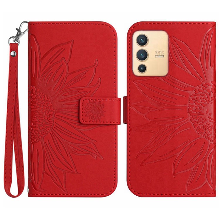 Imprinted Sunflower PU Leather Case for vivo V23 5G, Skin-touch Wallet Stand Folio Flip Anti-drop Phone Cover with Strap - Red