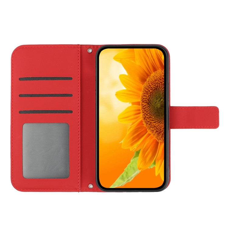 Imprinted Sunflower PU Leather Case for vivo V23 5G, Skin-touch Wallet Stand Folio Flip Anti-drop Phone Cover with Strap - Red