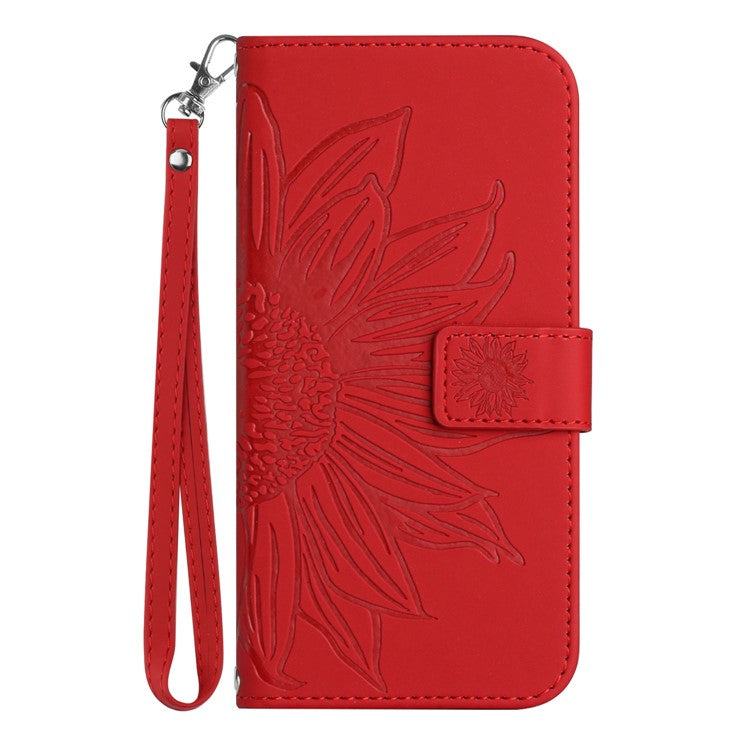 Imprinted Sunflower PU Leather Case for vivo V23 5G, Skin-touch Wallet Stand Folio Flip Anti-drop Phone Cover with Strap - Red