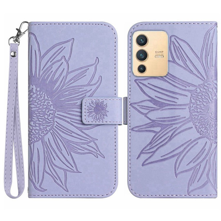 Imprinted Sunflower PU Leather Case for vivo V23 5G, Skin-touch Wallet Stand Folio Flip Anti-drop Phone Cover with Strap - Light Purple