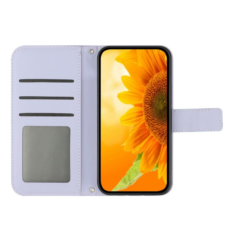 Imprinted Sunflower PU Leather Case for vivo V23 5G, Skin-touch Wallet Stand Folio Flip Anti-drop Phone Cover with Strap - Light Purple