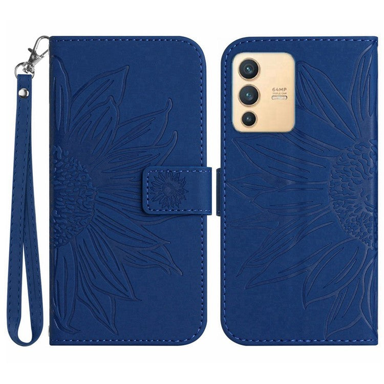 Imprinted Sunflower PU Leather Case for vivo V23 5G, Skin-touch Wallet Stand Folio Flip Anti-drop Phone Cover with Strap - Sapphire