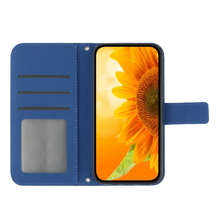 Imprinted Sunflower PU Leather Case for vivo V23 5G, Skin-touch Wallet Stand Folio Flip Anti-drop Phone Cover with Strap - Sapphire