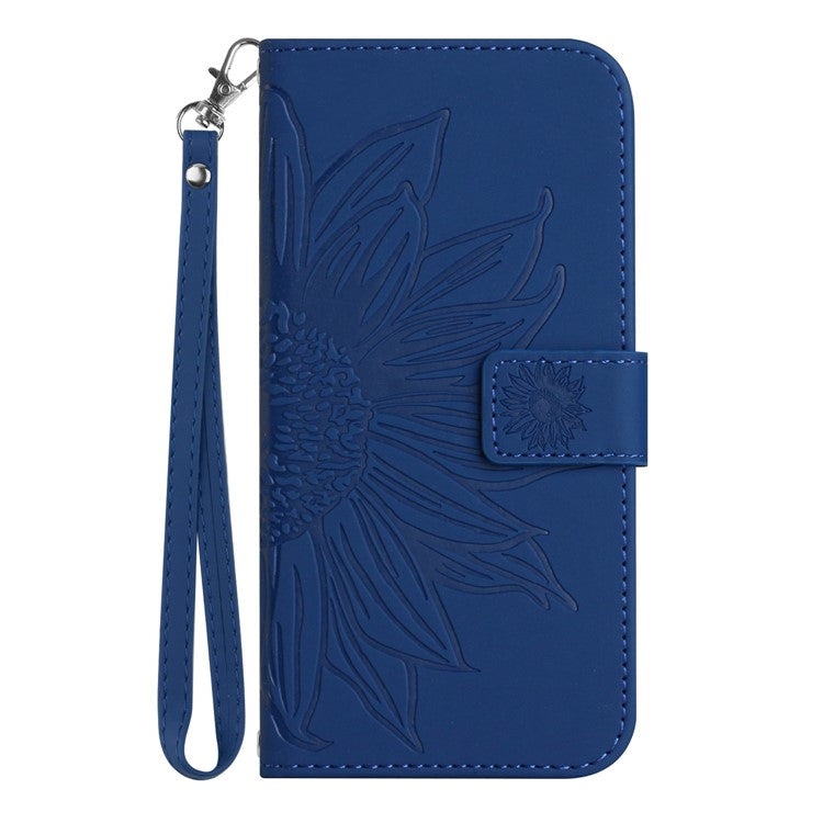 Imprinted Sunflower PU Leather Case for vivo V23 5G, Skin-touch Wallet Stand Folio Flip Anti-drop Phone Cover with Strap - Sapphire