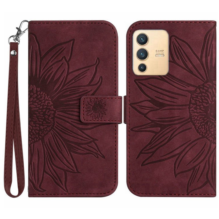 Imprinted Sunflower PU Leather Case for vivo V23 5G, Skin-touch Wallet Stand Folio Flip Anti-drop Phone Cover with Strap - Wine Red