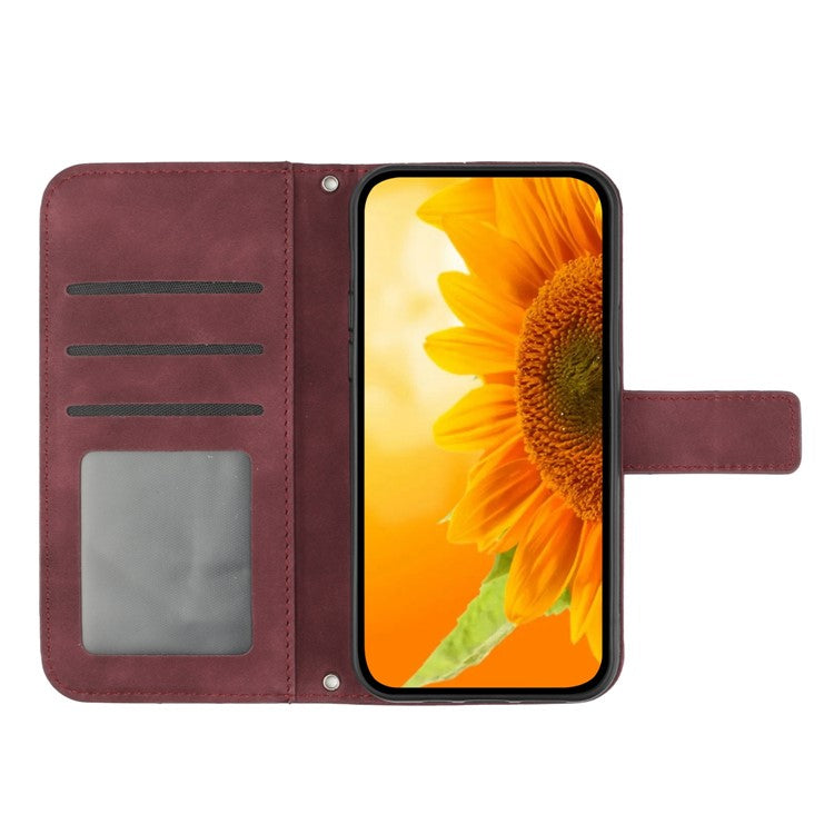 Imprinted Sunflower PU Leather Case for vivo V23 5G, Skin-touch Wallet Stand Folio Flip Anti-drop Phone Cover with Strap - Wine Red