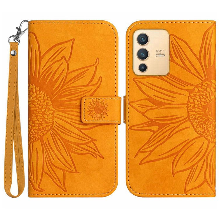 Imprinted Sunflower PU Leather Case for vivo V23 5G, Skin-touch Wallet Stand Folio Flip Anti-drop Phone Cover with Strap - Yellow