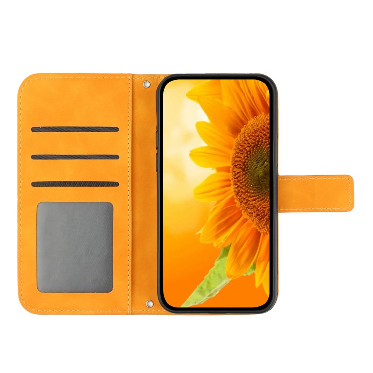 Imprinted Sunflower PU Leather Case for vivo V23 5G, Skin-touch Wallet Stand Folio Flip Anti-drop Phone Cover with Strap - Yellow