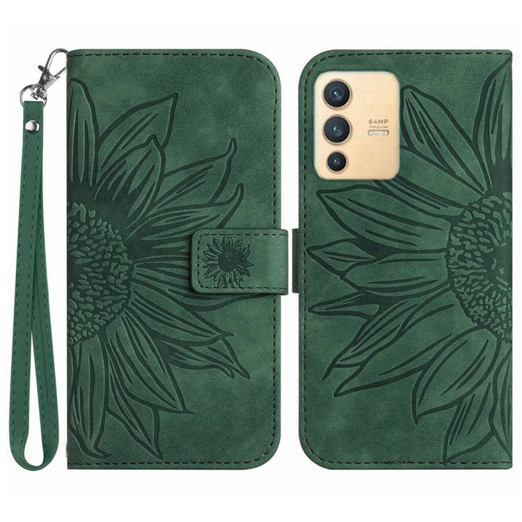 Imprinted Sunflower PU Leather Case for vivo V23 5G, Skin-touch Wallet Stand Folio Flip Anti-drop Phone Cover with Strap - Dark Green