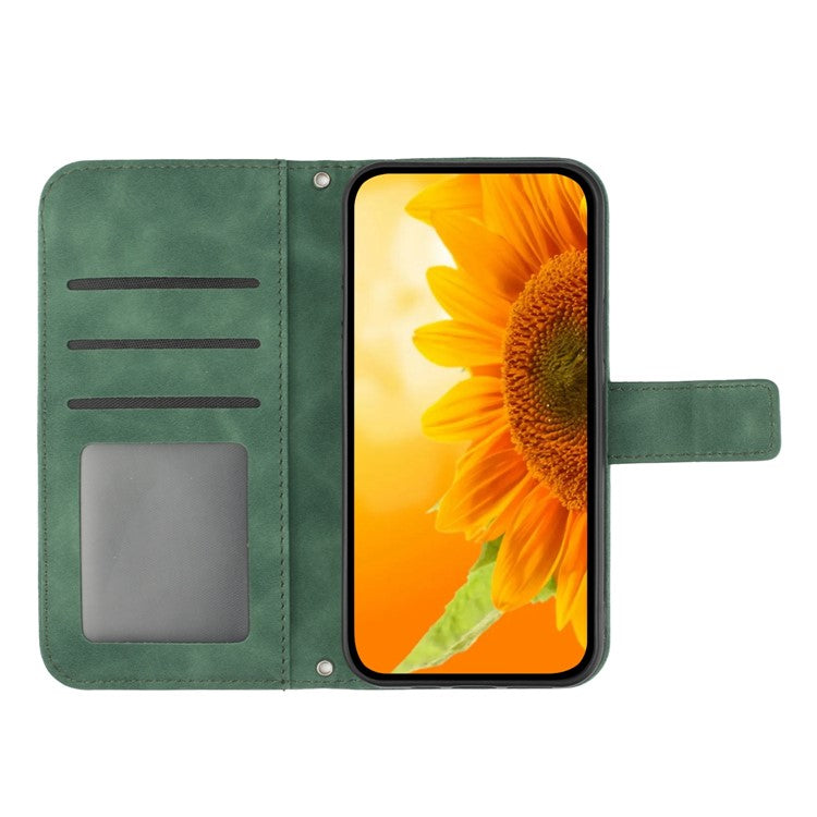 Imprinted Sunflower PU Leather Case for vivo V23 5G, Skin-touch Wallet Stand Folio Flip Anti-drop Phone Cover with Strap - Dark Green