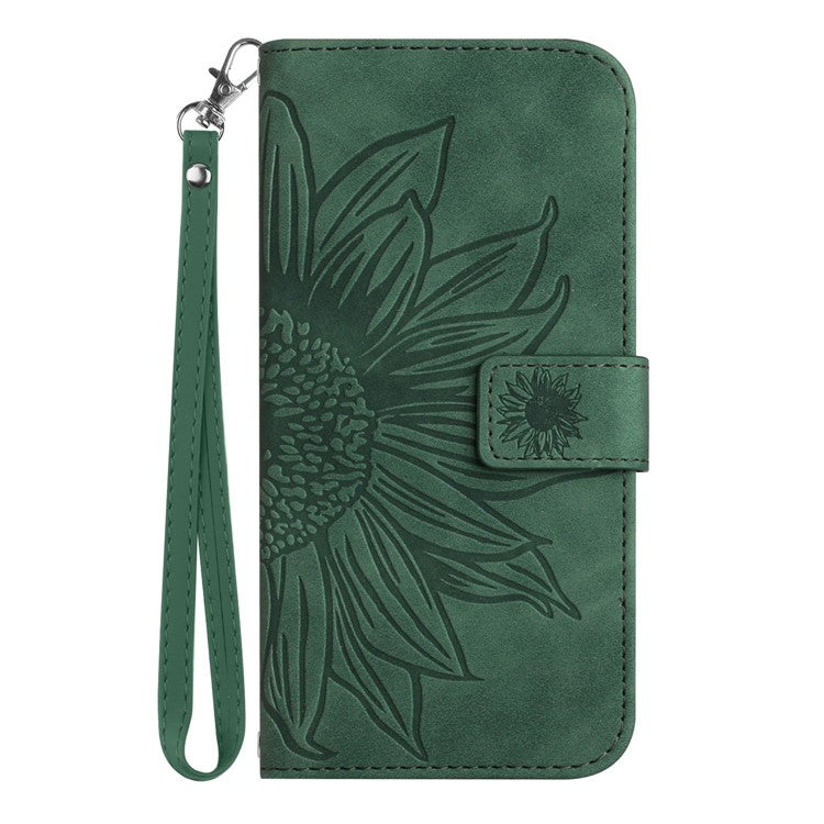 Imprinted Sunflower PU Leather Case for vivo V23 5G, Skin-touch Wallet Stand Folio Flip Anti-drop Phone Cover with Strap - Dark Green