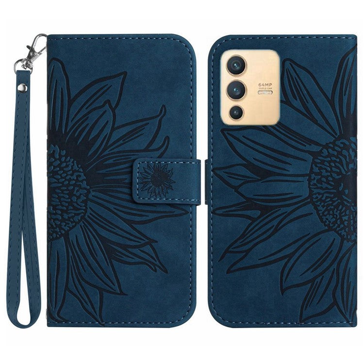 Imprinted Sunflower PU Leather Case for vivo V23 5G, Skin-touch Wallet Stand Folio Flip Anti-drop Phone Cover with Strap - Dark Blue