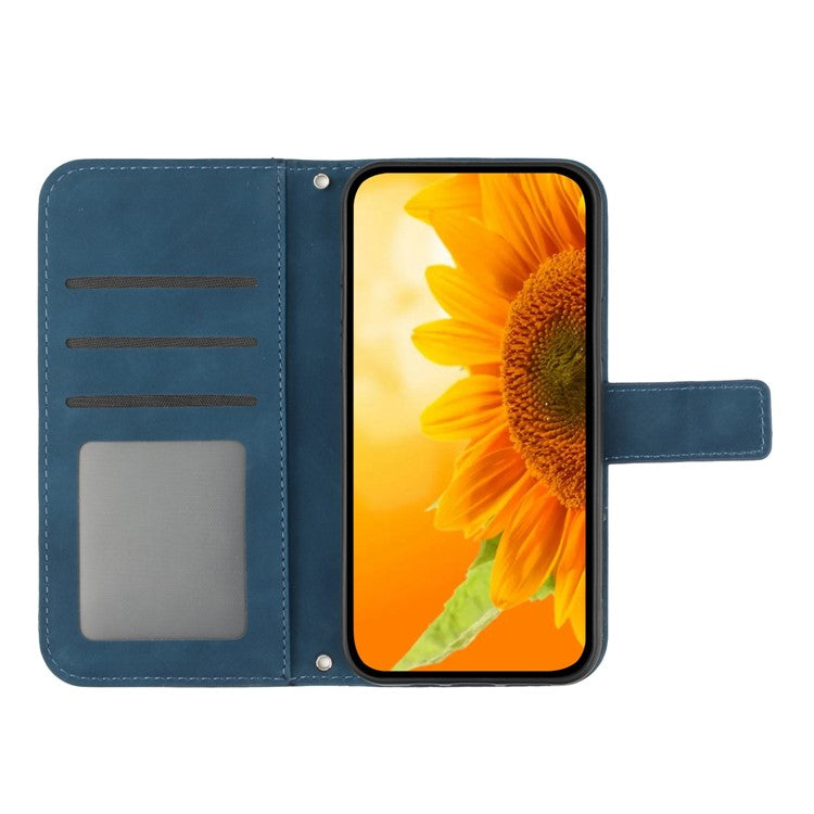 Imprinted Sunflower PU Leather Case for vivo V23 5G, Skin-touch Wallet Stand Folio Flip Anti-drop Phone Cover with Strap - Dark Blue