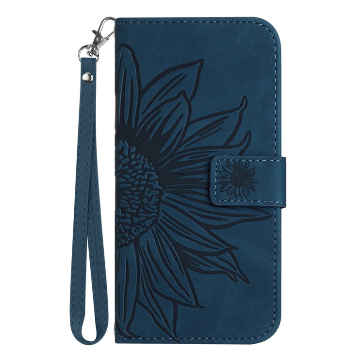 Imprinted Sunflower PU Leather Case for vivo V23 5G, Skin-touch Wallet Stand Folio Flip Anti-drop Phone Cover with Strap - Dark Blue