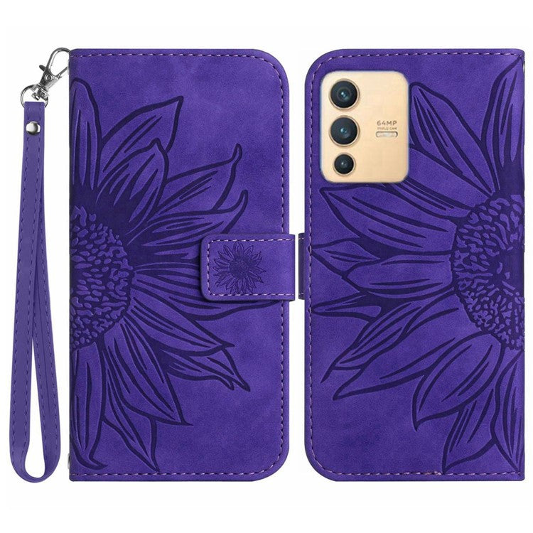 Imprinted Sunflower PU Leather Case for vivo V23 5G, Skin-touch Wallet Stand Folio Flip Anti-drop Phone Cover with Strap - Dark Purple