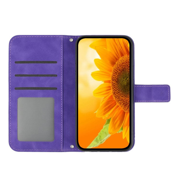 Imprinted Sunflower PU Leather Case for vivo V23 5G, Skin-touch Wallet Stand Folio Flip Anti-drop Phone Cover with Strap - Dark Purple