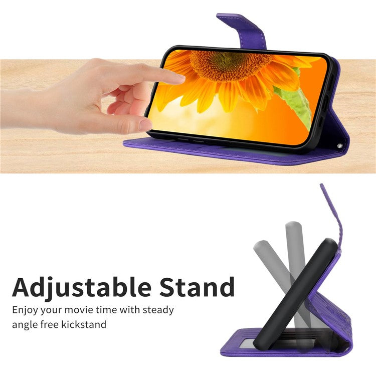 Imprinted Sunflower PU Leather Case for vivo V23 5G, Skin-touch Wallet Stand Folio Flip Anti-drop Phone Cover with Strap - Dark Purple