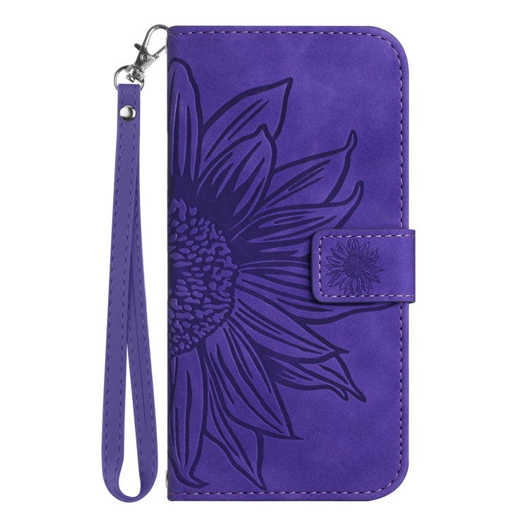 Imprinted Sunflower PU Leather Case for vivo V23 5G, Skin-touch Wallet Stand Folio Flip Anti-drop Phone Cover with Strap - Dark Purple