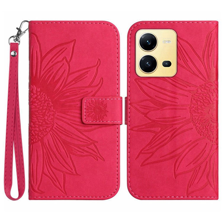 For vivo X80 Lite 5G / V25 5G Imprinted Sunflower Stand Wallet Phone Case Skin-touch PU Leather Magnetic Clasp Cover with Strap - Rose