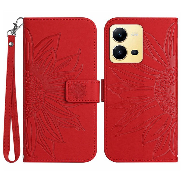 For vivo X80 Lite 5G / V25 5G Imprinted Sunflower Stand Wallet Phone Case Skin-touch PU Leather Magnetic Clasp Cover with Strap - Red