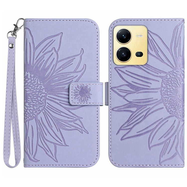 For vivo X80 Lite 5G / V25 5G Imprinted Sunflower Stand Wallet Phone Case Skin-touch PU Leather Magnetic Clasp Cover with Strap - Light Purple