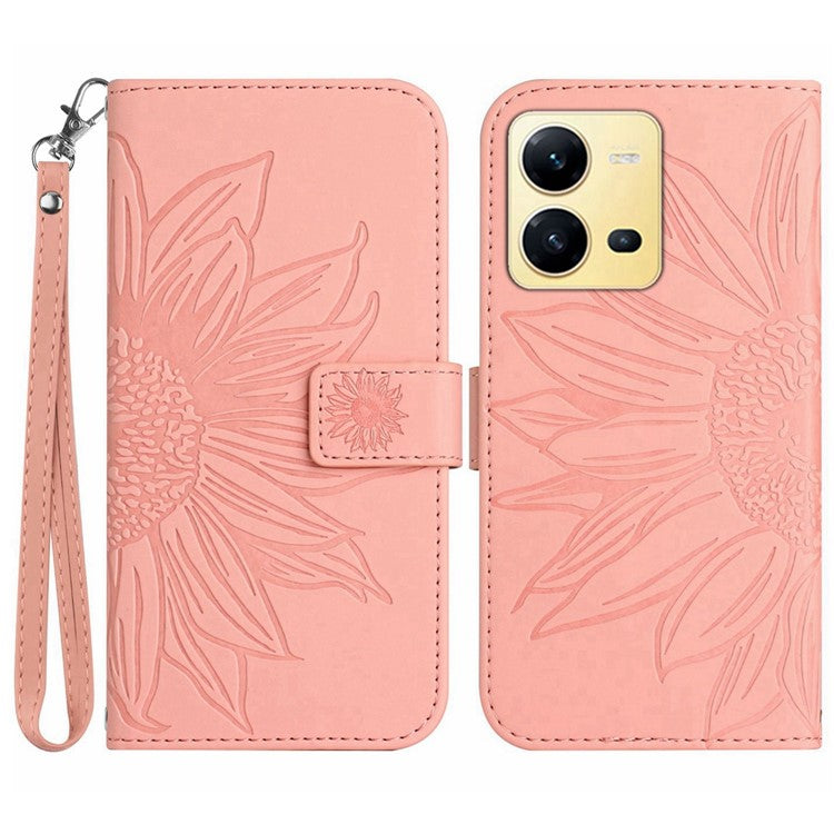 For vivo X80 Lite 5G / V25 5G Imprinted Sunflower Stand Wallet Phone Case Skin-touch PU Leather Magnetic Clasp Cover with Strap - Light Pink