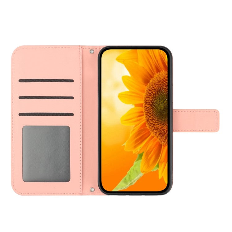 For vivo X80 Lite 5G / V25 5G Imprinted Sunflower Stand Wallet Phone Case Skin-touch PU Leather Magnetic Clasp Cover with Strap - Light Pink