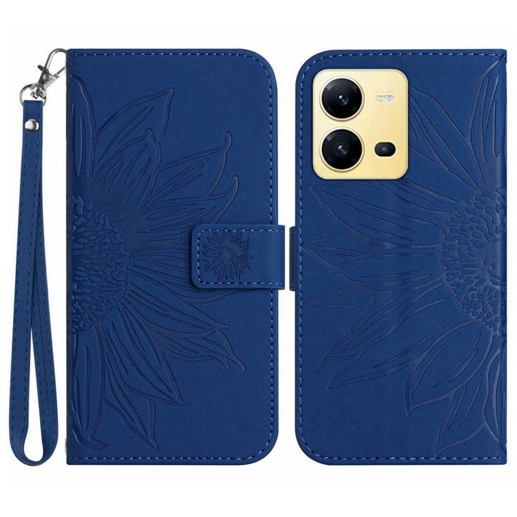 For vivo X80 Lite 5G / V25 5G Imprinted Sunflower Stand Wallet Phone Case Skin-touch PU Leather Magnetic Clasp Cover with Strap - Sapphire