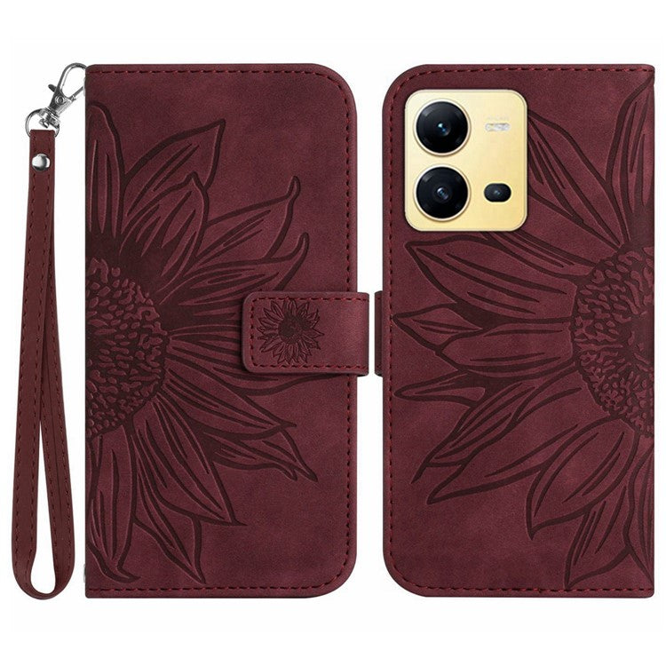 For vivo X80 Lite 5G / V25 5G Imprinted Sunflower Stand Wallet Phone Case Skin-touch PU Leather Magnetic Clasp Cover with Strap - Wine Red