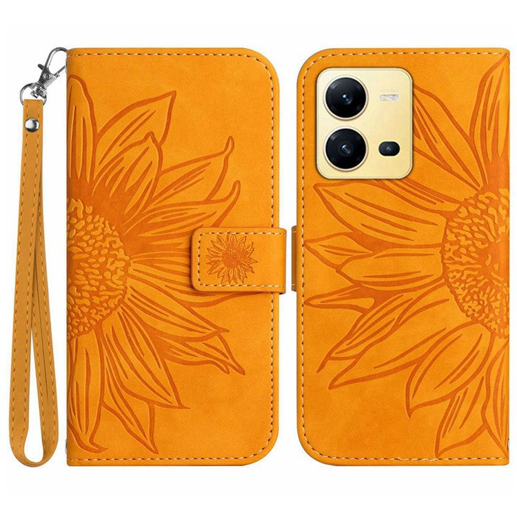 For vivo X80 Lite 5G / V25 5G Imprinted Sunflower Stand Wallet Phone Case Skin-touch PU Leather Magnetic Clasp Cover with Strap - Yellow