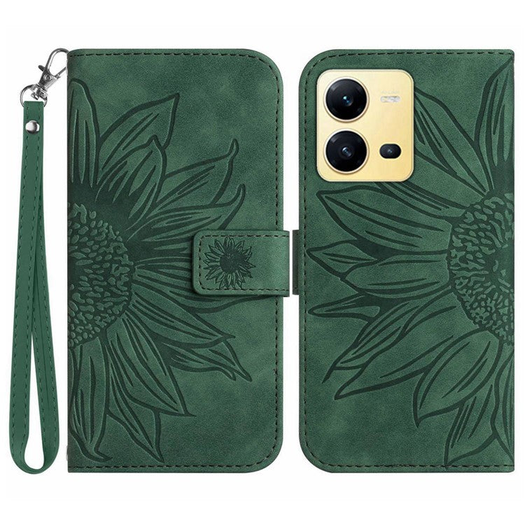 For vivo X80 Lite 5G / V25 5G Imprinted Sunflower Stand Wallet Phone Case Skin-touch PU Leather Magnetic Clasp Cover with Strap - Dark Green