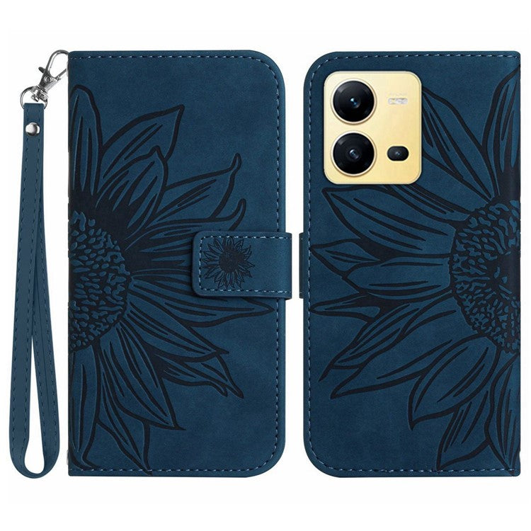 For vivo X80 Lite 5G / V25 5G Imprinted Sunflower Stand Wallet Phone Case Skin-touch PU Leather Magnetic Clasp Cover with Strap - Dark Blue