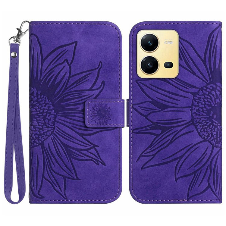 For vivo X80 Lite 5G / V25 5G Imprinted Sunflower Stand Wallet Phone Case Skin-touch PU Leather Magnetic Clasp Cover with Strap - Dark Purple