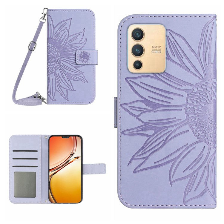 Phone Case For vivo V23 5G, Skin-touch Imprinted Sunflower Shockproof Phone Cover Flip Leather Wallet Stand with Shoulder Strap - Light Purple