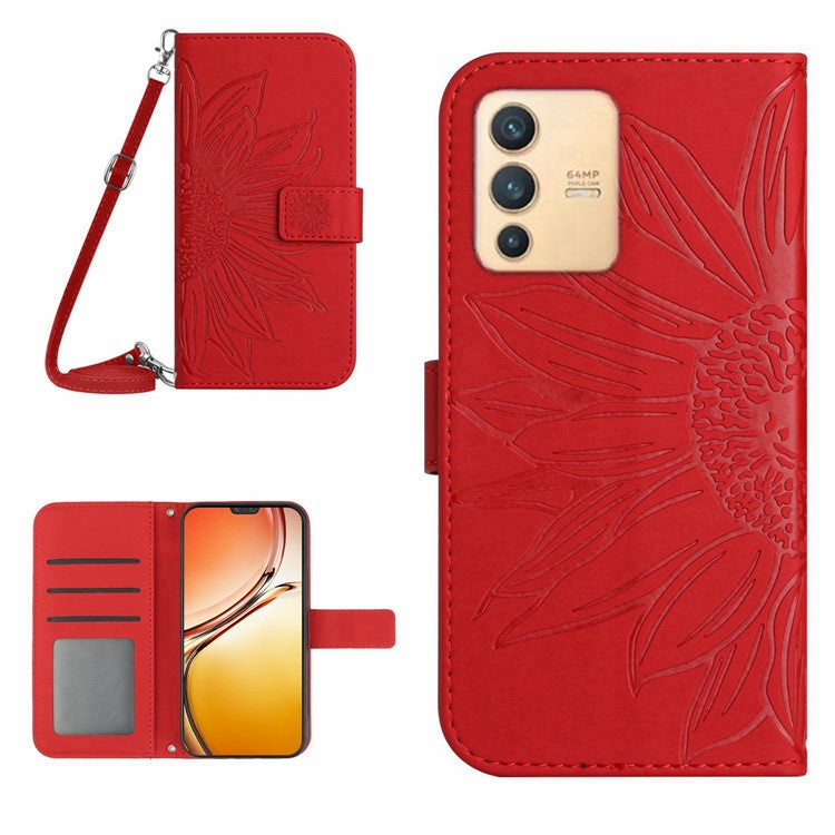 Phone Case For vivo V23 5G, Skin-touch Imprinted Sunflower Shockproof Phone Cover Flip Leather Wallet Stand with Shoulder Strap - Red