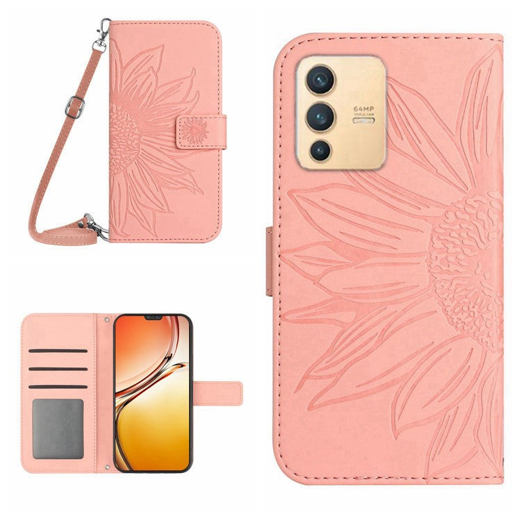 Phone Case For vivo V23 5G, Skin-touch Imprinted Sunflower Shockproof Phone Cover Flip Leather Wallet Stand with Shoulder Strap - Light Pink