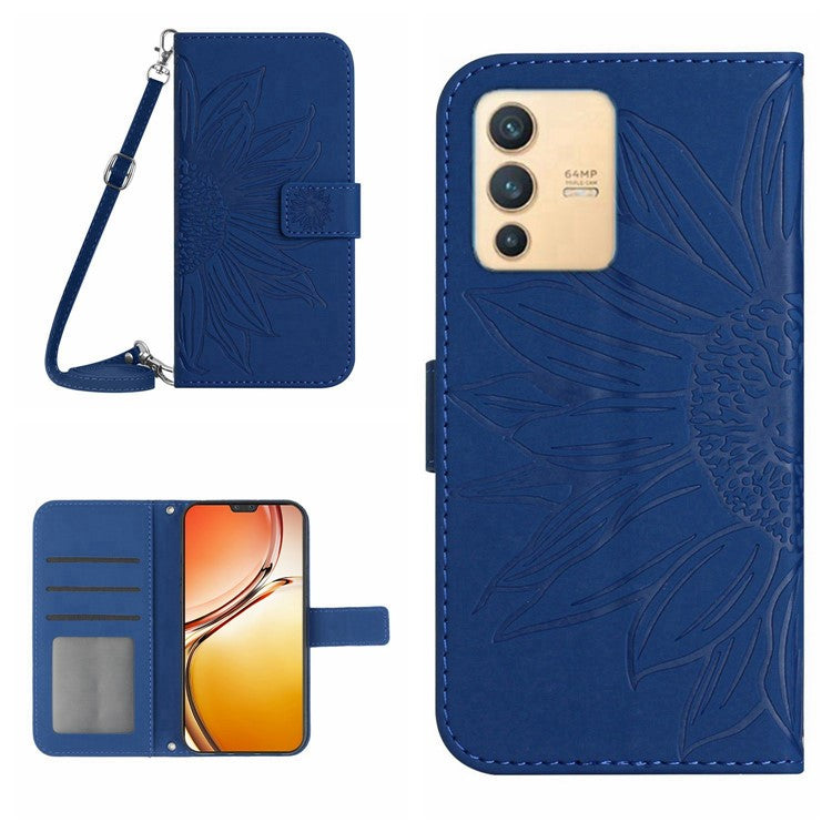 Phone Case For vivo V23 5G, Skin-touch Imprinted Sunflower Shockproof Phone Cover Flip Leather Wallet Stand with Shoulder Strap - Sapphire