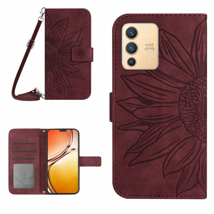 Phone Case For vivo V23 5G, Skin-touch Imprinted Sunflower Shockproof Phone Cover Flip Leather Wallet Stand with Shoulder Strap - Wine Red