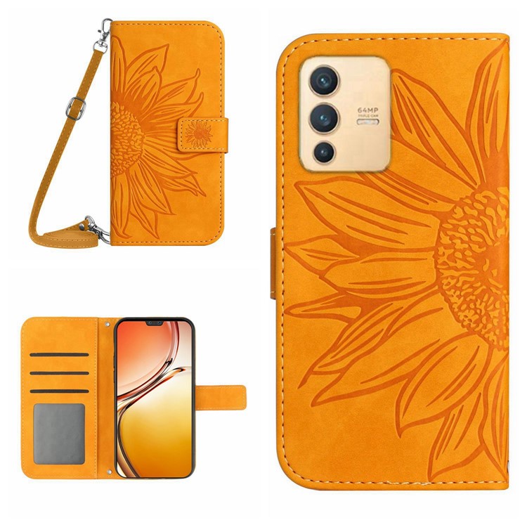 Phone Case For vivo V23 5G, Skin-touch Imprinted Sunflower Shockproof Phone Cover Flip Leather Wallet Stand with Shoulder Strap - Yellow