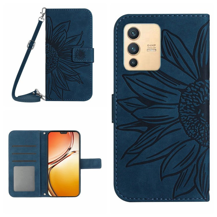 Phone Case For vivo V23 5G, Skin-touch Imprinted Sunflower Shockproof Phone Cover Flip Leather Wallet Stand with Shoulder Strap - Dark Blue